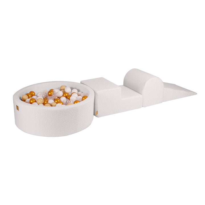 White Boucle Play Set With Ball Pit | Gold, Beige, White & Clear Balls