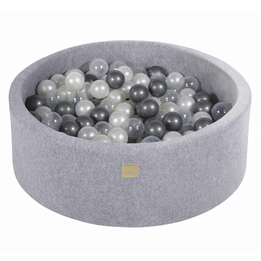 Velvet Light Grey Ball Pit | Silver, White Pearl & Clear Balls