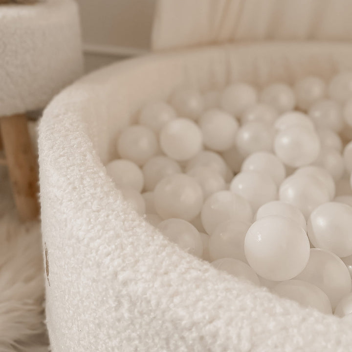 White Boucle Ball Pit | White, Clear & Pearl White Balls