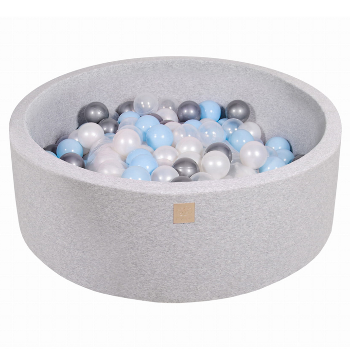 Cotton Light Grey Ball Pit | Baby Blue, Clear, Silver & Pearl White Balls