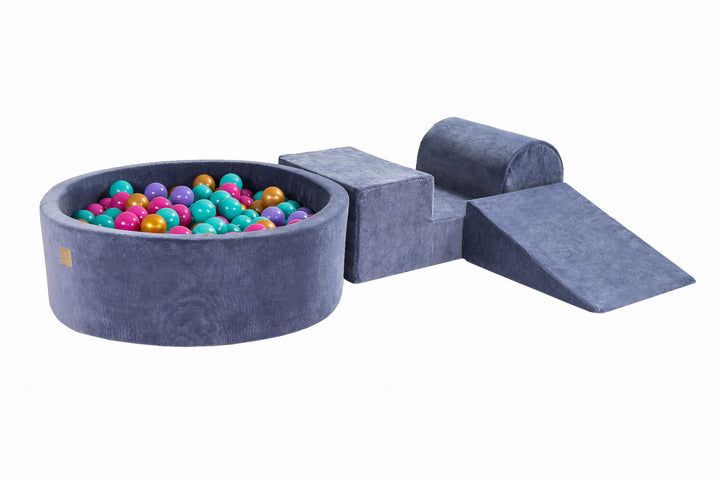 Velvet Blue-Grey Play Set With Ball Pit | Gold, Dark Pink, Turquoise & Lilac Balls