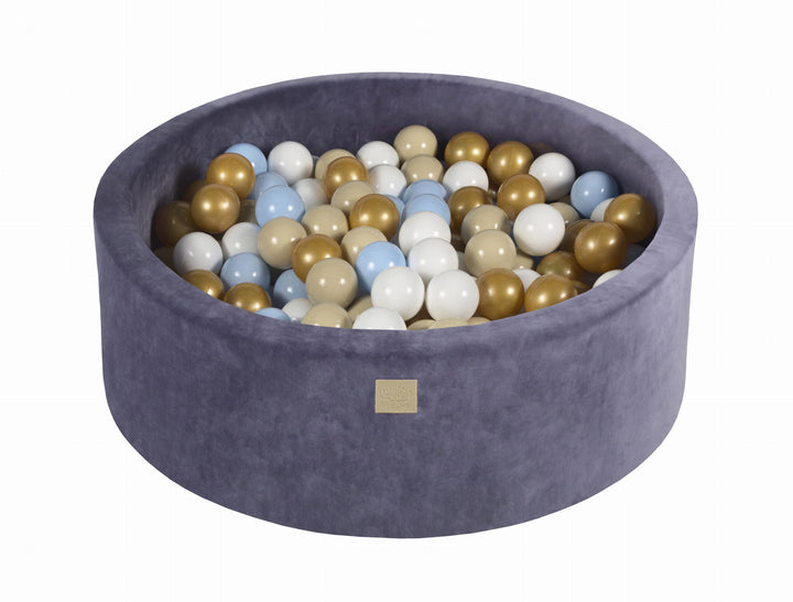 Velvet Grey-Blue Ball Pit | White, Light Blue, Beige & Gold Balls
