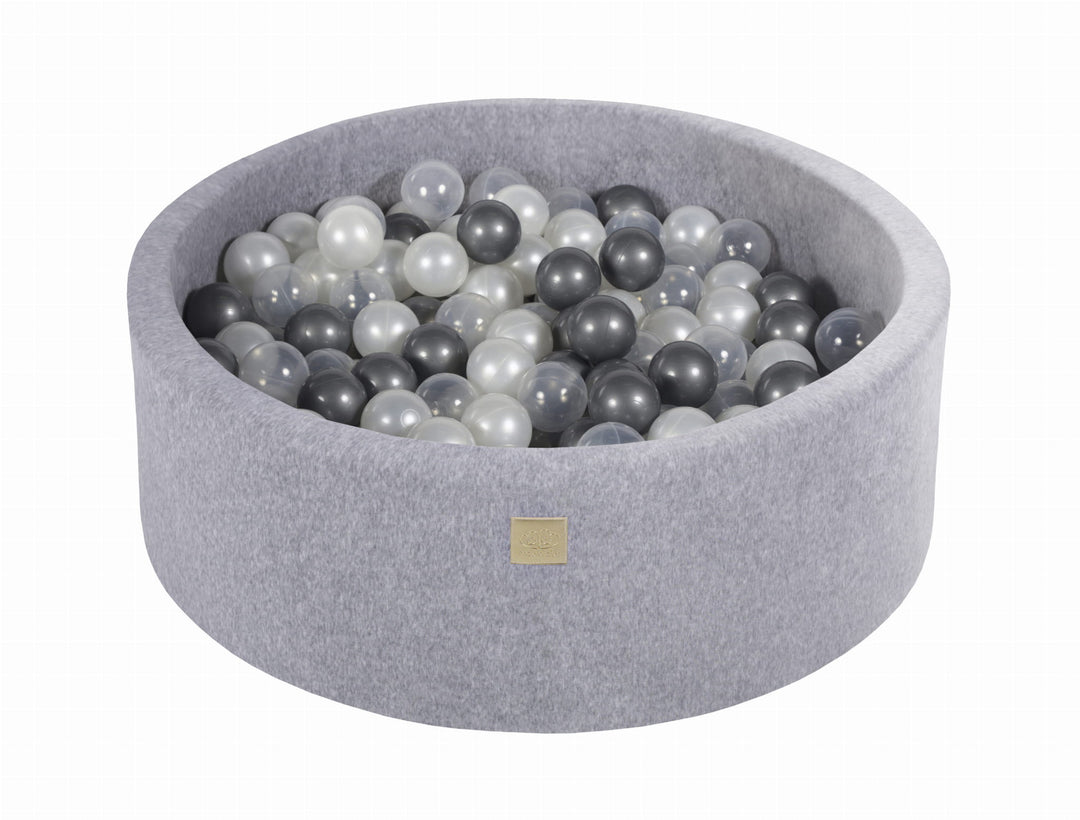 Velvet Light Grey Ball Pit | Silver, White Pearl & Clear Balls