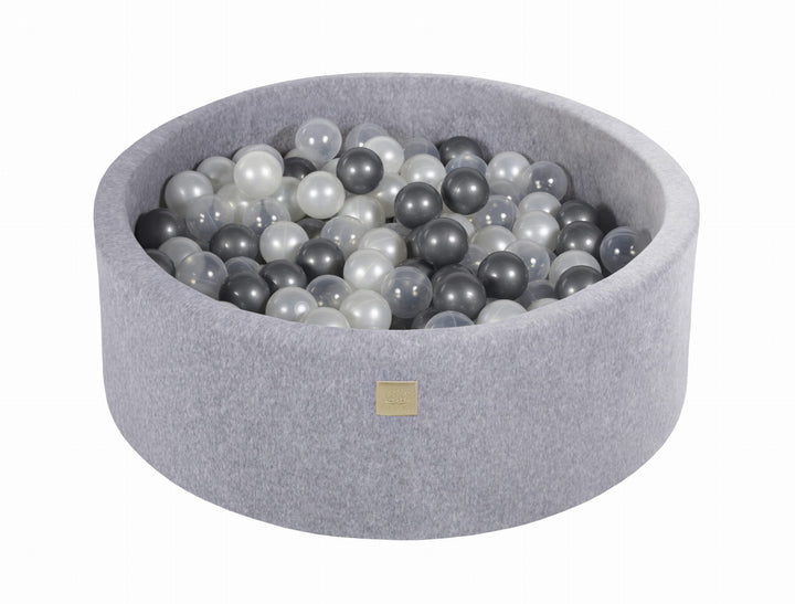 Velvet Light Grey Ball Pit | Silver, White Pearl & Clear Balls