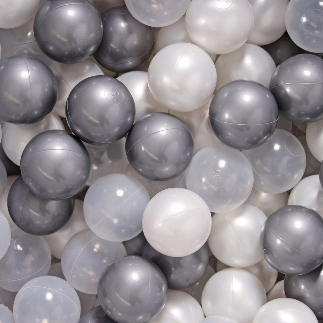 Velvet Light Grey Ball Pit | Silver, White Pearl & Clear Balls