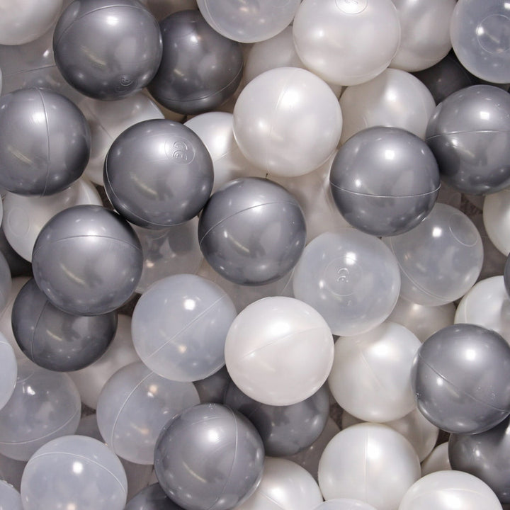Velvet Light Grey Ball Pit | Silver, White Pearl & Clear Balls