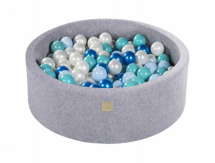 Velvet Light Grey Ball Pit | Turquoise, Blue Pearl, Light Blue & White Pearl Balls