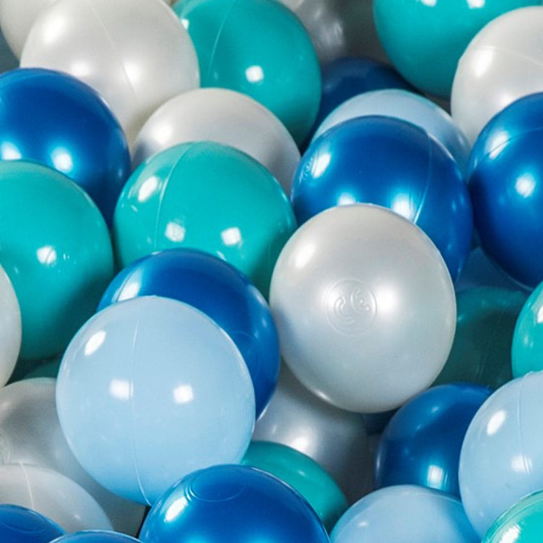 Velvet Light Grey Ball Pit | Turquoise, Blue Pearl, Light Blue & White Pearl Balls