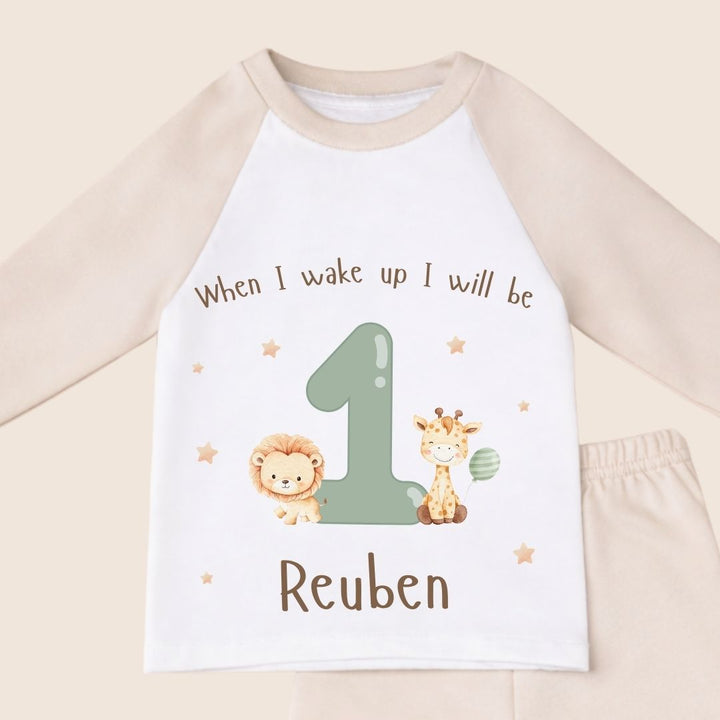 Personalised Children's Birthday Pyjamas Age 1 - 4 | Beige Safari