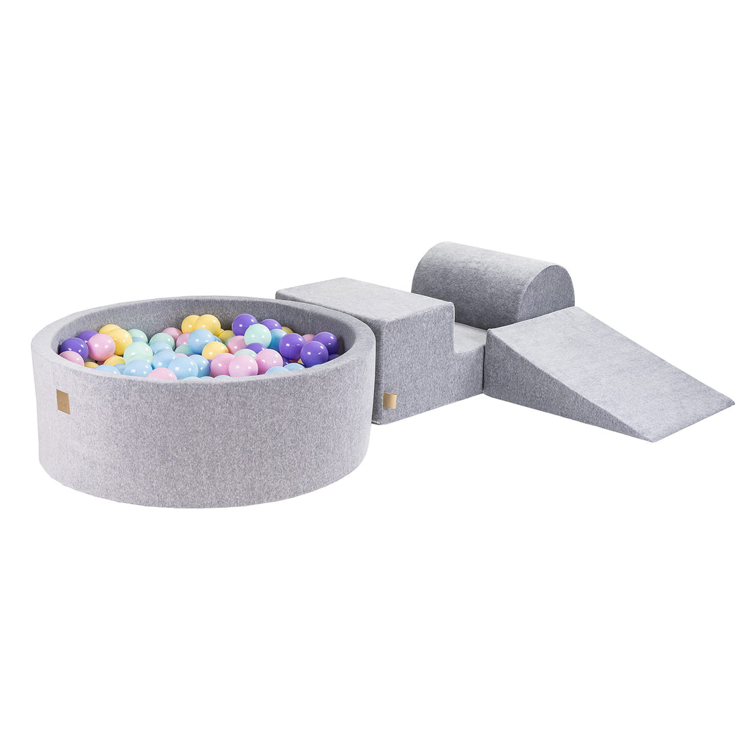 Velvet Light Grey Play Set With Ball Pit | Baby Blue, Pastel Pink, Pastel Yellow, Purple & Mint Balls