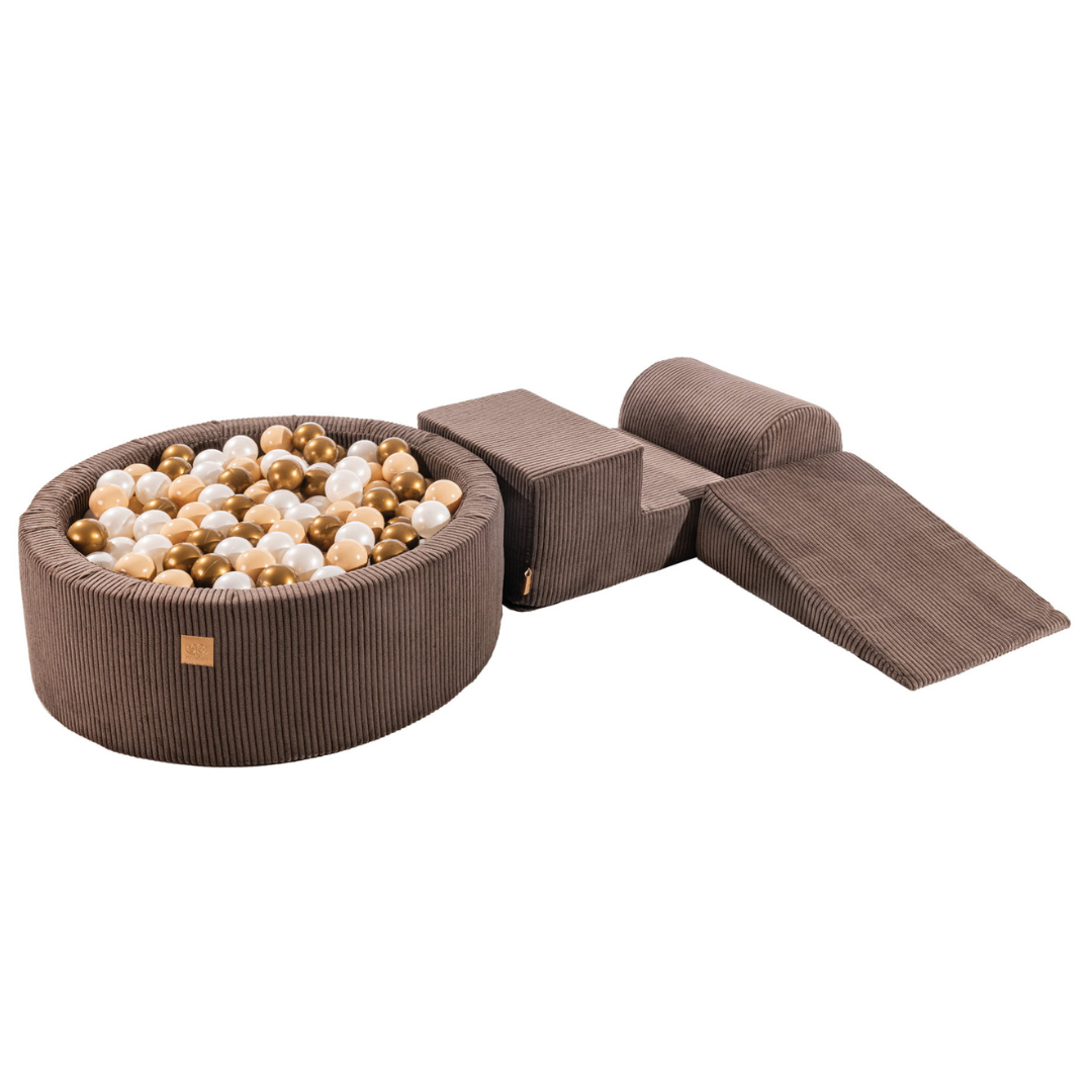 Brown Corduroy Play Set With Ball Pit | Beige, Pearl White & Platinum Gold Balls
