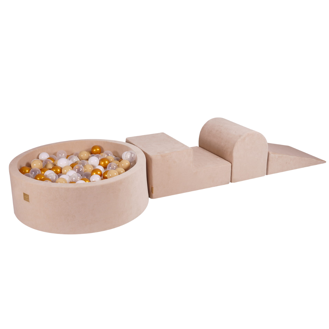 Velvet Ecru Play Set With Ball Pit | Gold, Beige, White & Clear Balls