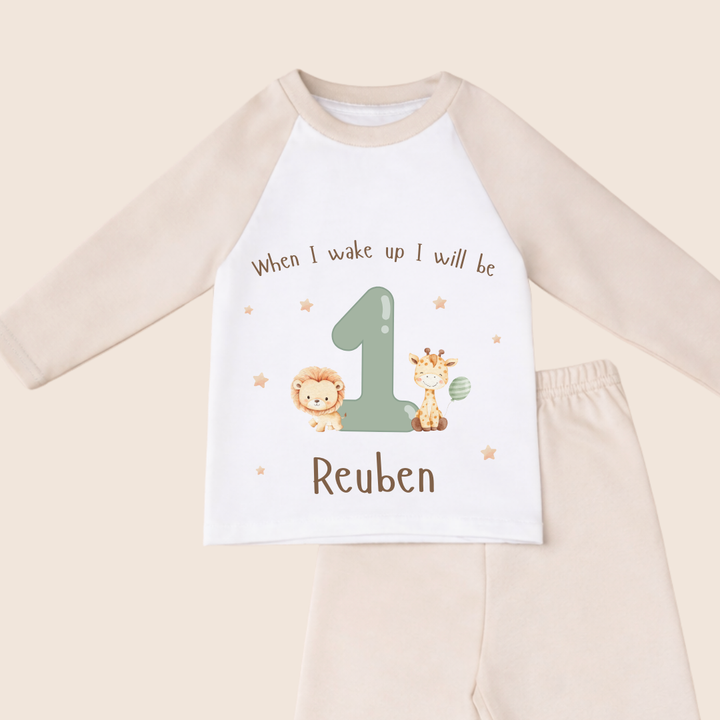 Personalised Children's Birthday Pyjamas Age 1 - 4 | Beige Safari