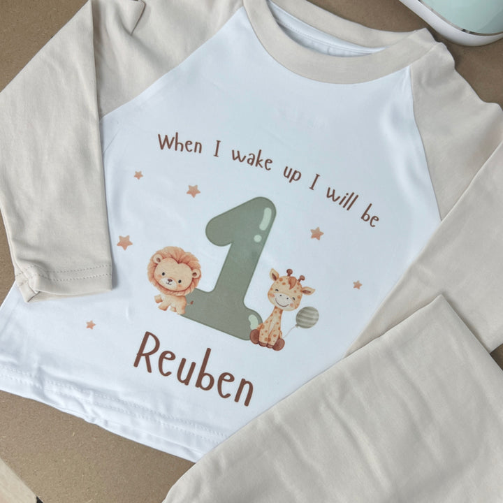 Personalised Children's Birthday Pyjamas Age 1 - 4 | Beige Safari