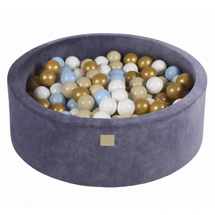 Velvet Grey-Blue Ball Pit | White, Light Blue, Beige & Gold Balls