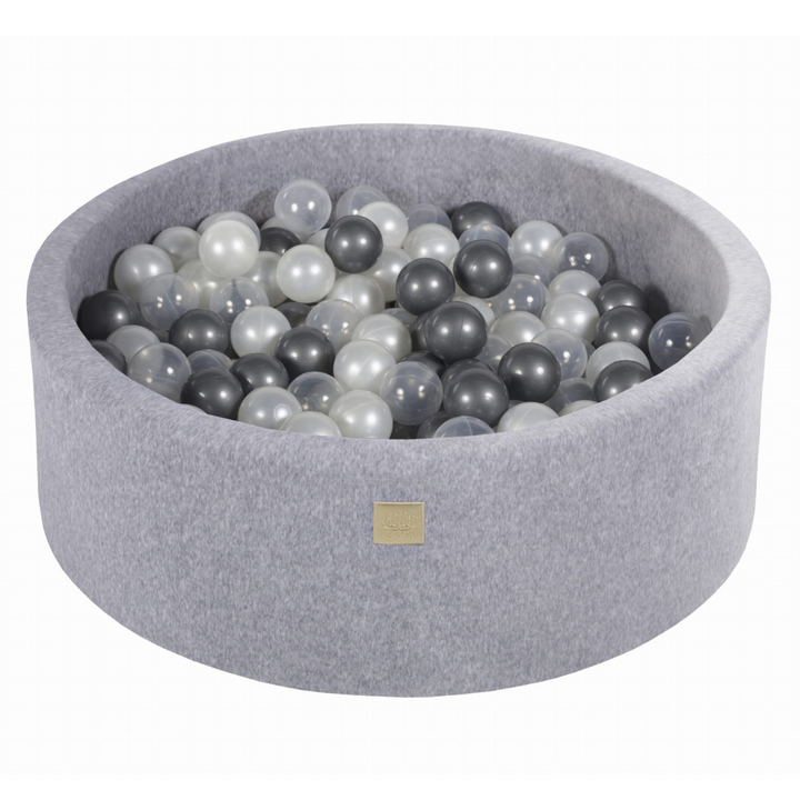 Velvet Light Grey Ball Pit | Silver, White Pearl & Clear Balls