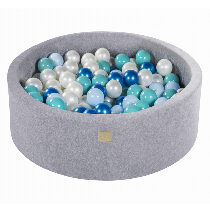 Velvet Light Grey Ball Pit | Turquoise, Blue Pearl, Light Blue & White Pearl Balls