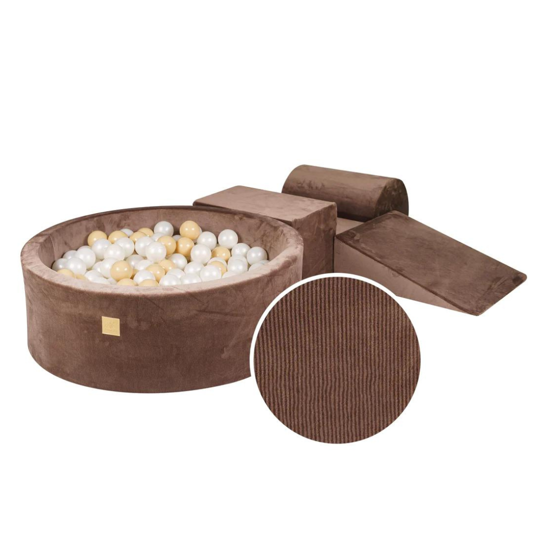Velvet Corduroy Chocolate Play Set With Ball Pit | Beige & Pearl White Balls