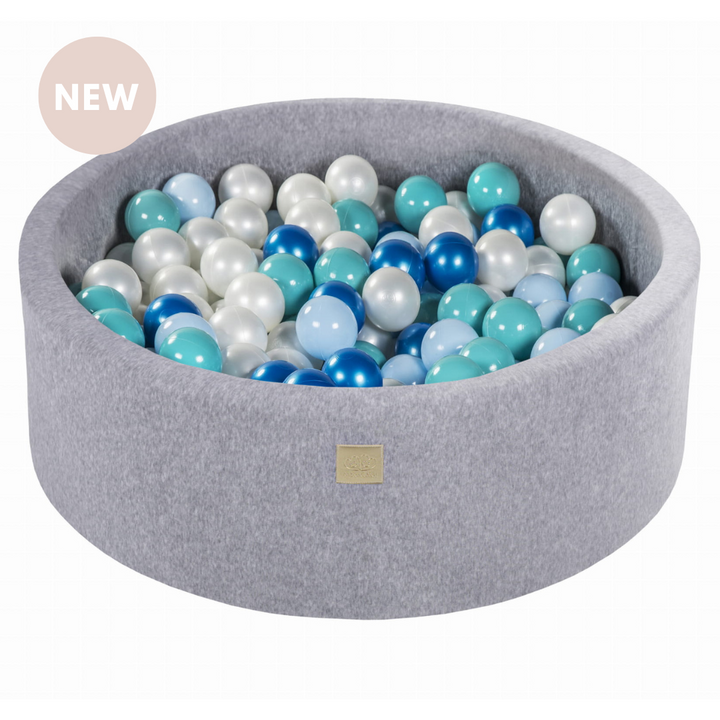 Velvet Light Grey Ball Pit | Turquoise, Blue Pearl, Light Blue & White Pearl Balls
