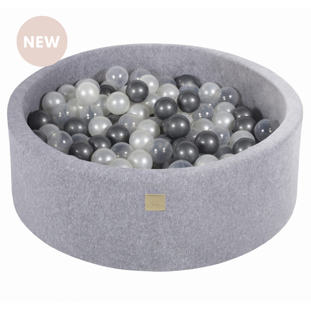 Velvet Light Grey Ball Pit | Silver, White Pearl & Clear Balls