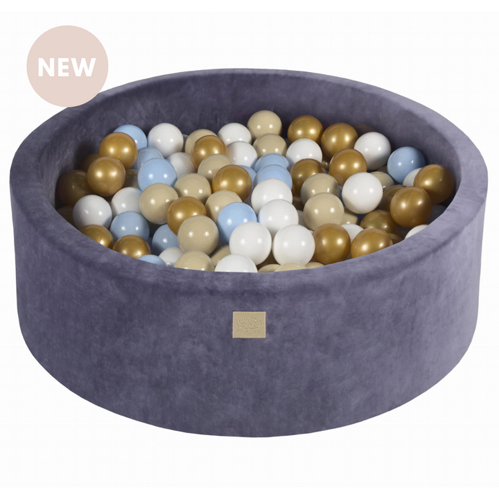 Velvet Grey-Blue Ball Pit | White, Light Blue, Beige & Gold Balls