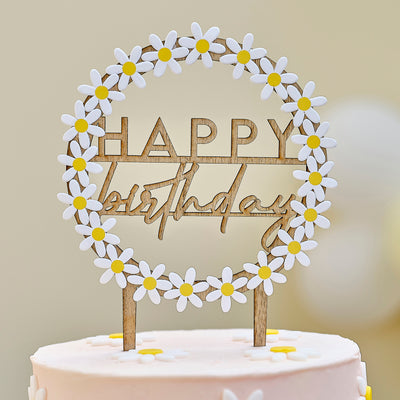 Ginger Ray Wooden Happy Birthday Cake Topper with Daisies