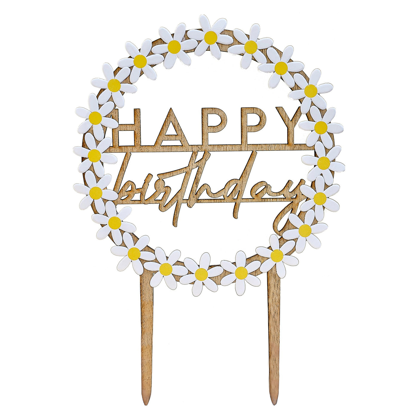 Ginger Ray Wooden Happy Birthday Cake Topper with Daisies