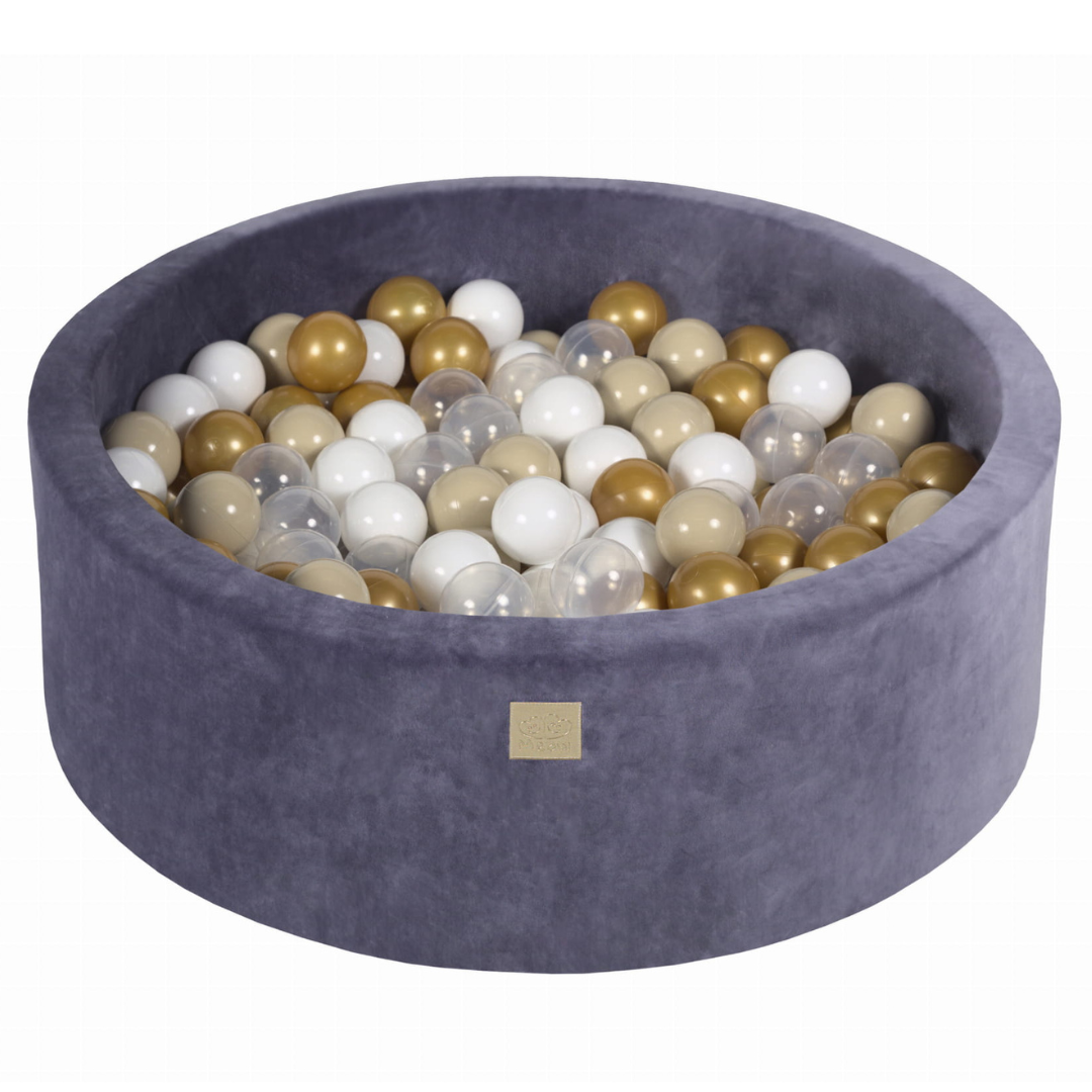 Velvet Grey-Blue Ball Pit - Gold, Beige, White & Clear Balls