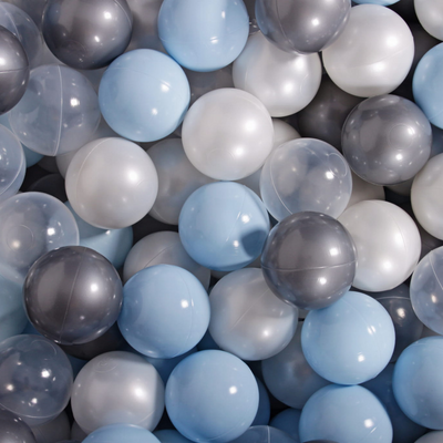 Cotton Light Grey Ball Pit | Baby Blue, Clear, Silver & Pearl White Balls